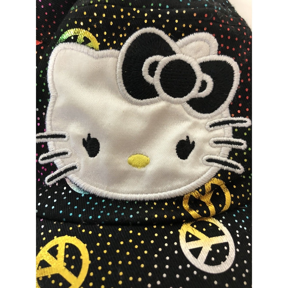 Sanrio Hello Kitty Peace‎ Sign Rainbow Metallic Cadet Hat Black Polka Dot Cap